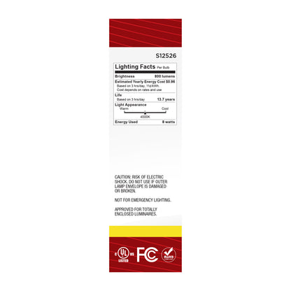 Satco S12526 8W T10 Cool White LED Light Bulb Medium Base