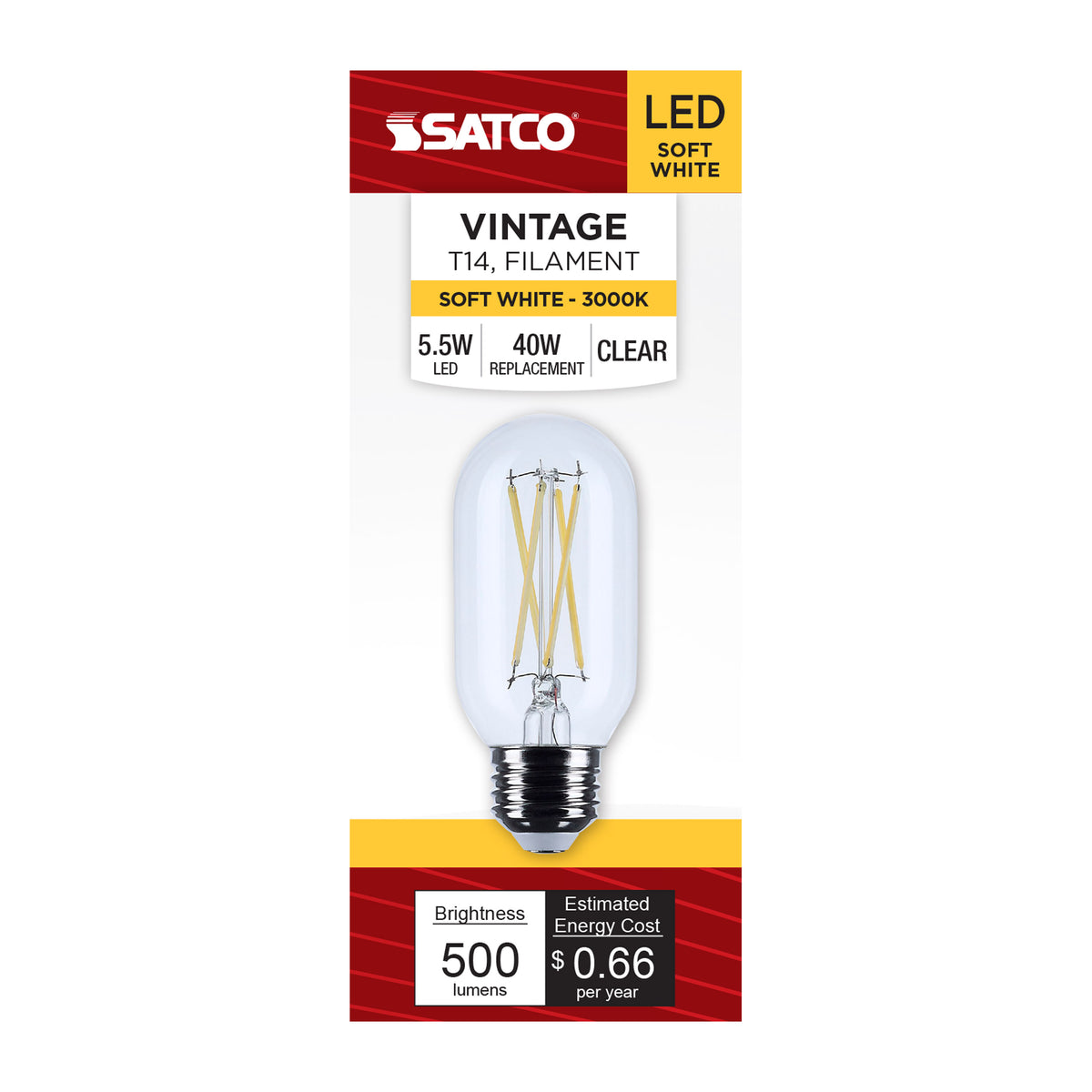Satco S12534 5.5W T14 Soft White LED Light Bulb Medium Base