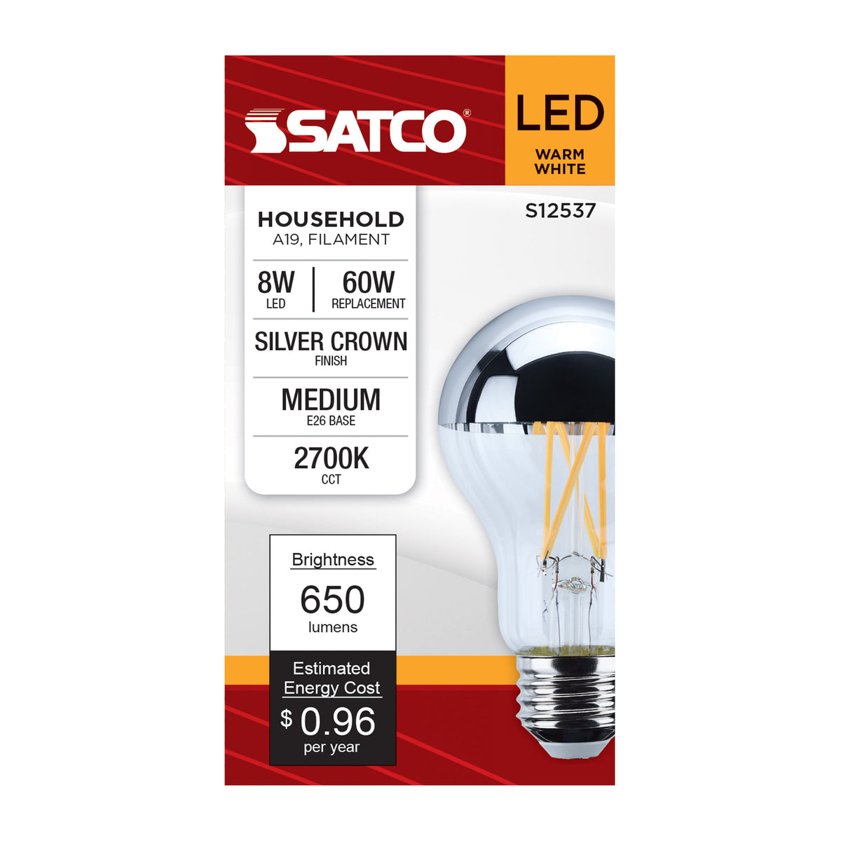 Satco S12537 8W A19 Warm White LED Light Bulb Medium Base