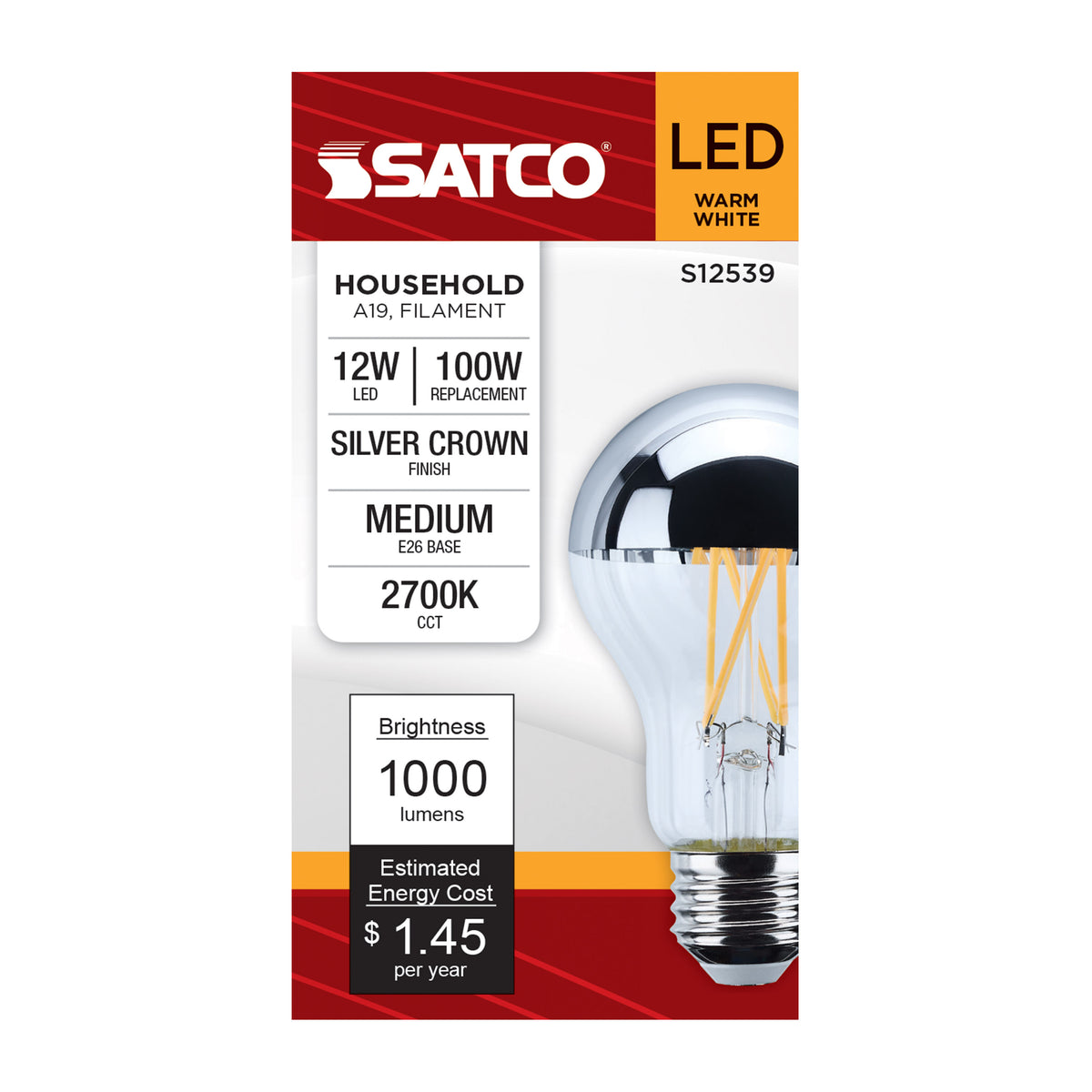 Satco S12539 12W A19 Warm White LED Light Bulb Medium Base