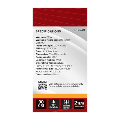 Satco S12539 12W A19 Warm White LED Light Bulb Medium Base
