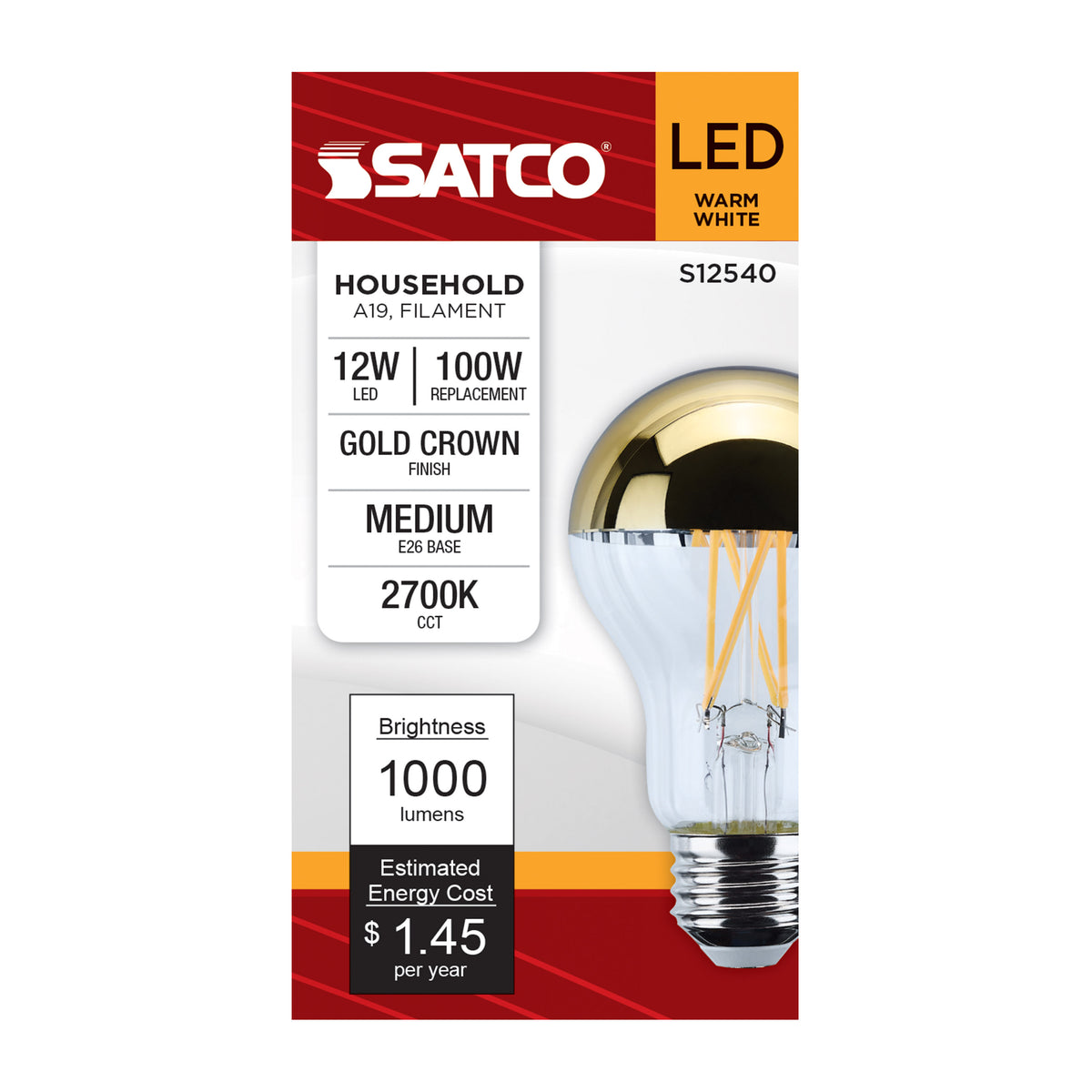 Satco S12540 12W A19 Warm White LED Light Bulb Medium Base