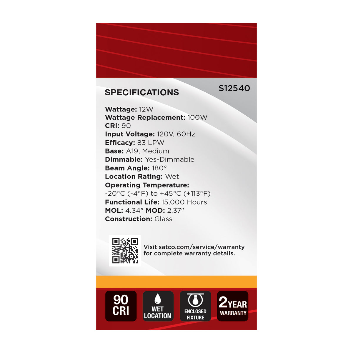 Satco S12540 12W A19 Warm White LED Light Bulb Medium Base