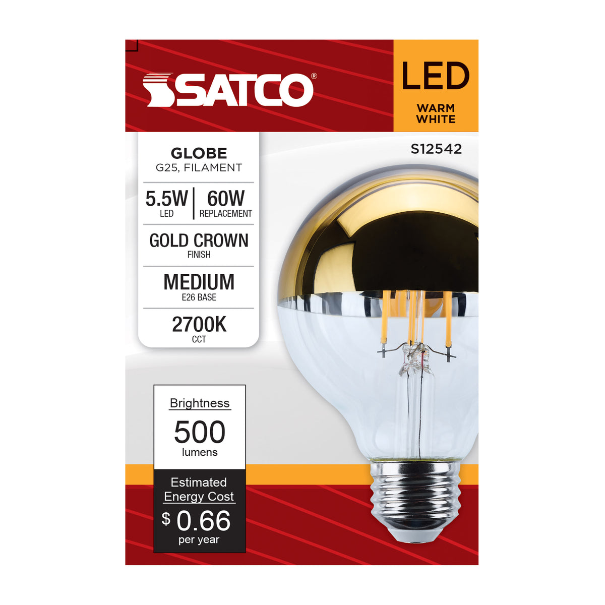 Satco S12542 5.5W G25 Warm White LED Light Bulb Medium Base