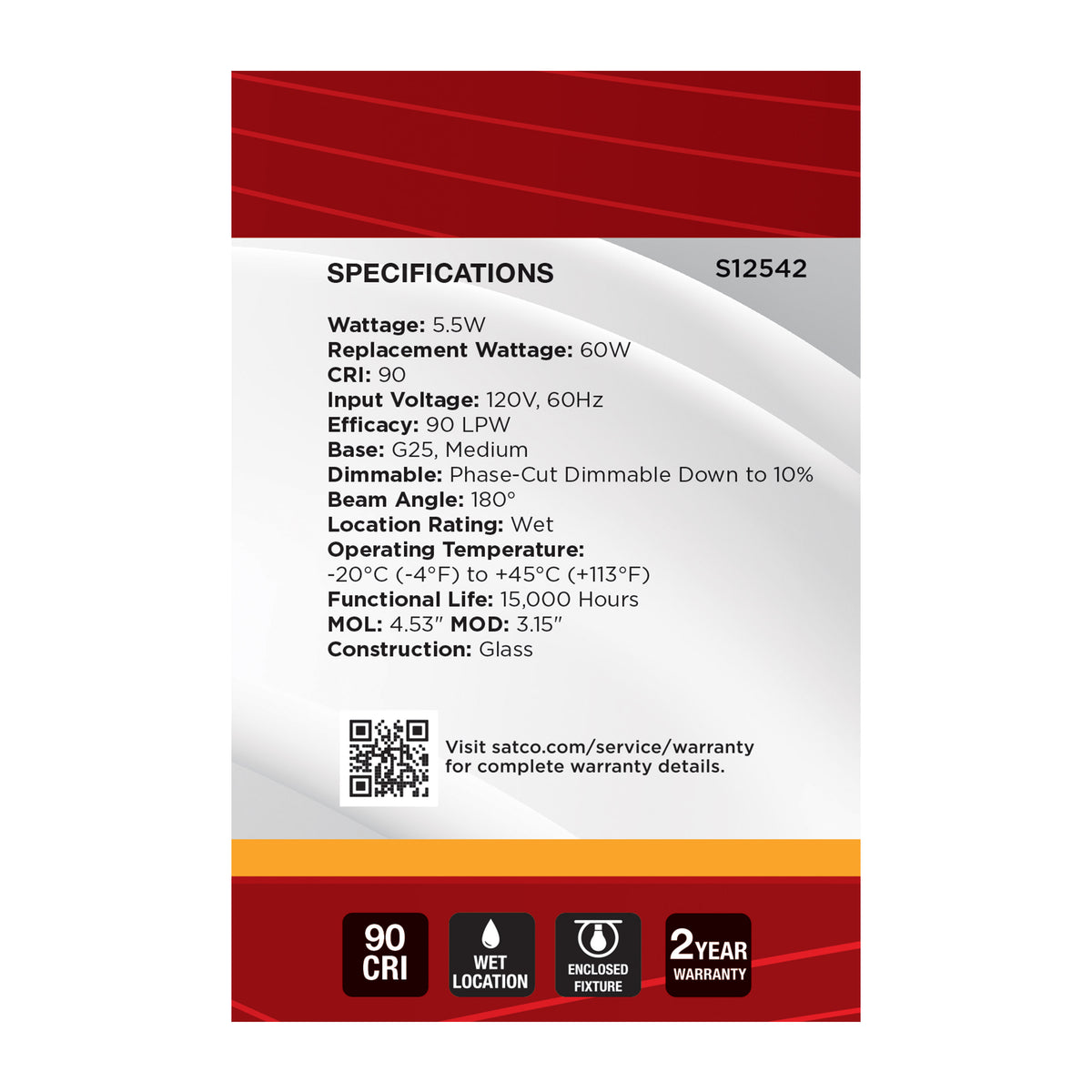 Satco S12542 5.5W G25 Warm White LED Light Bulb Medium Base