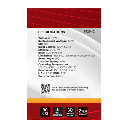 Satco S12542 5.5W G25 Warm White LED Light Bulb Medium Base