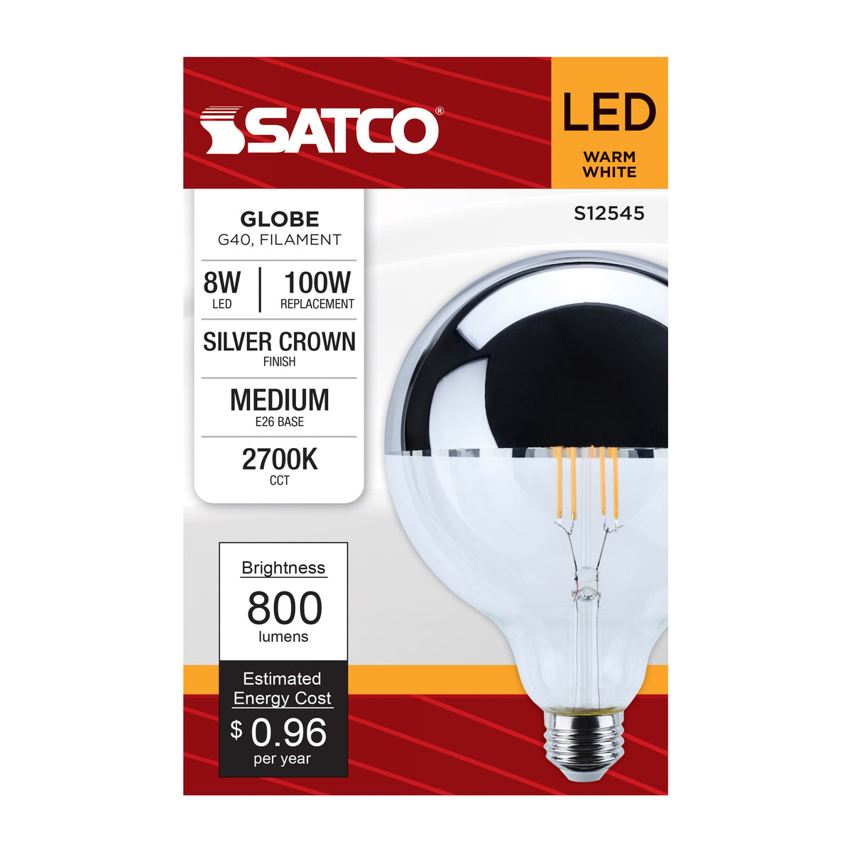 Satco S12545 8W G40 Warm White LED Light Bulb Medium Base
