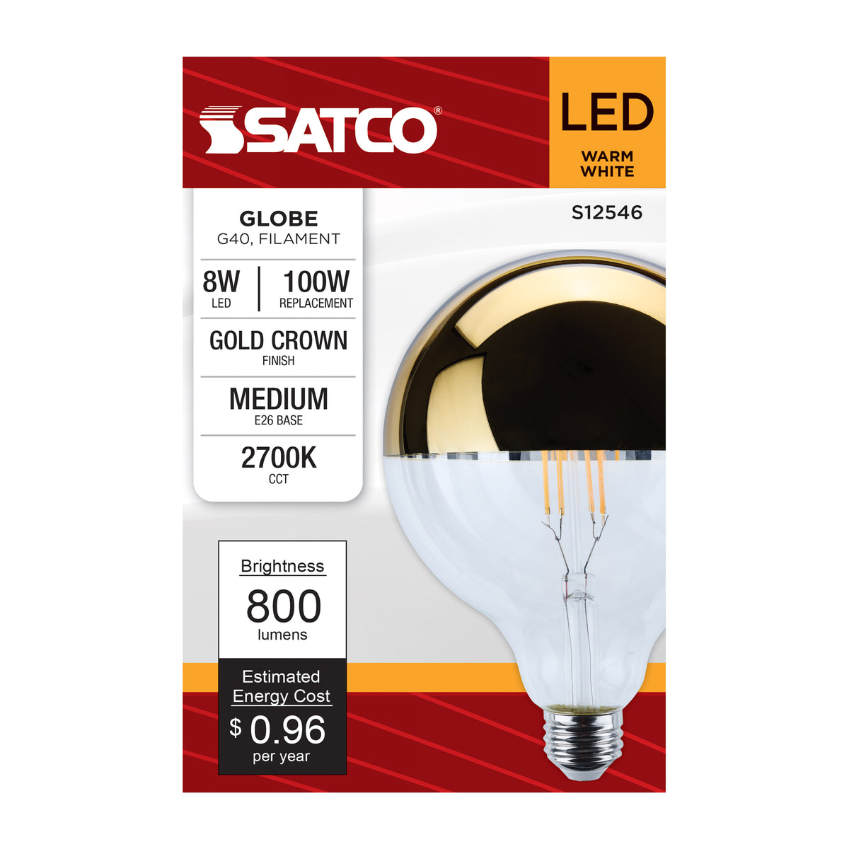 Satco S12546 8W G40 Warm White LED Light Bulb Medium Base