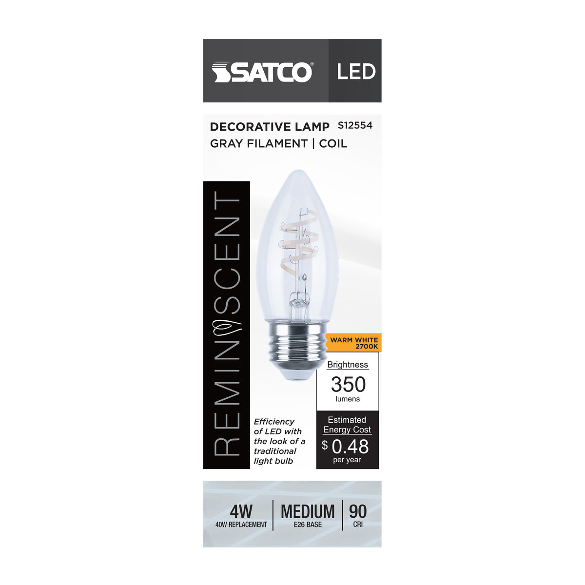 Satco S12554 4W B11 Warm White LED Light Bulb Medium Base
