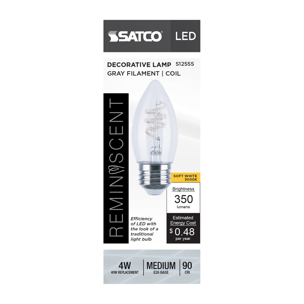 Satco S12555 4W B11 Soft White LED Light Bulb Medium Base