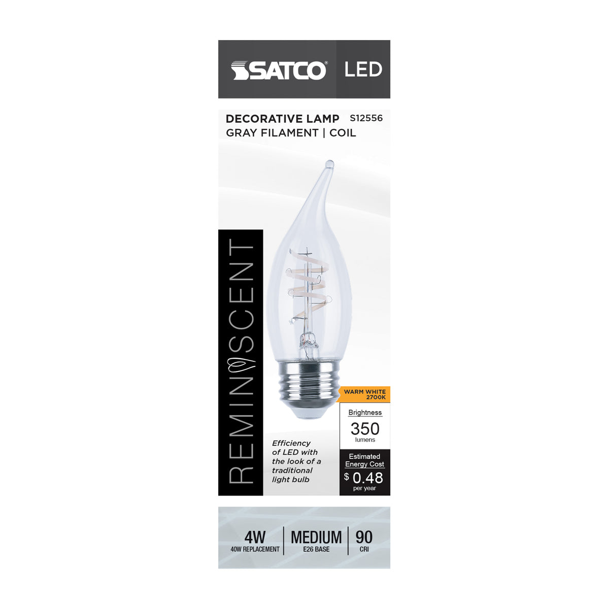 Satco S12556 4W CA11 Warm White LED Light Bulb Medium Base