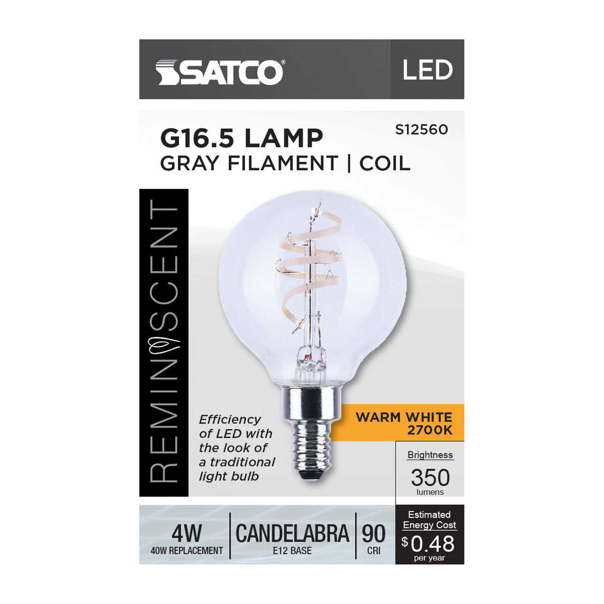Satco S12560 4W G16.5 Warm White LED Light Bulb Candelabra Base
