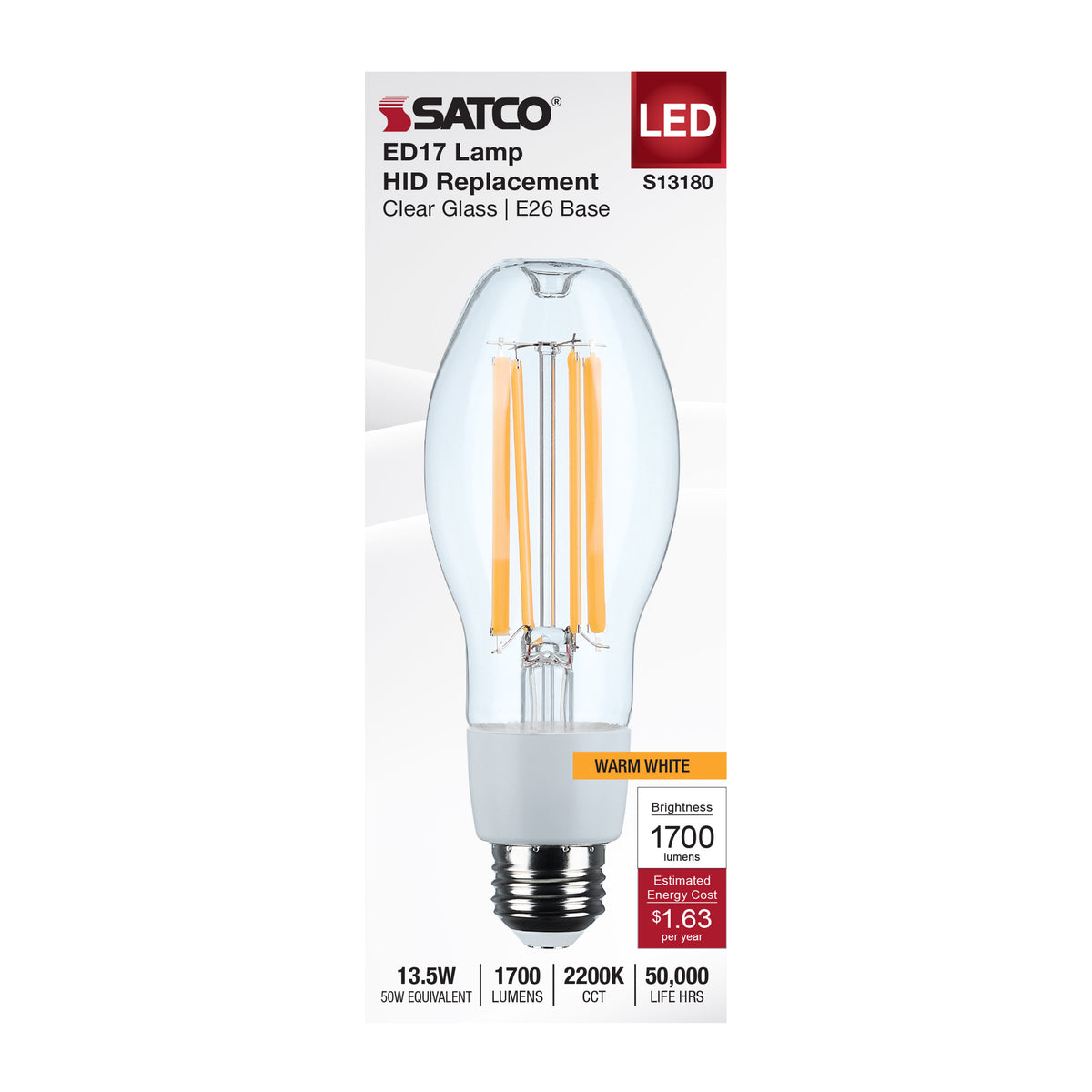 Satco S13180 13.5W ED17 Warm White LED Light Bulb Medium Base