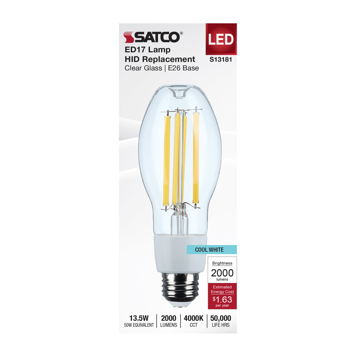 Satco S13181 13.5W ED17 Cool White LED Light Bulb Medium Base