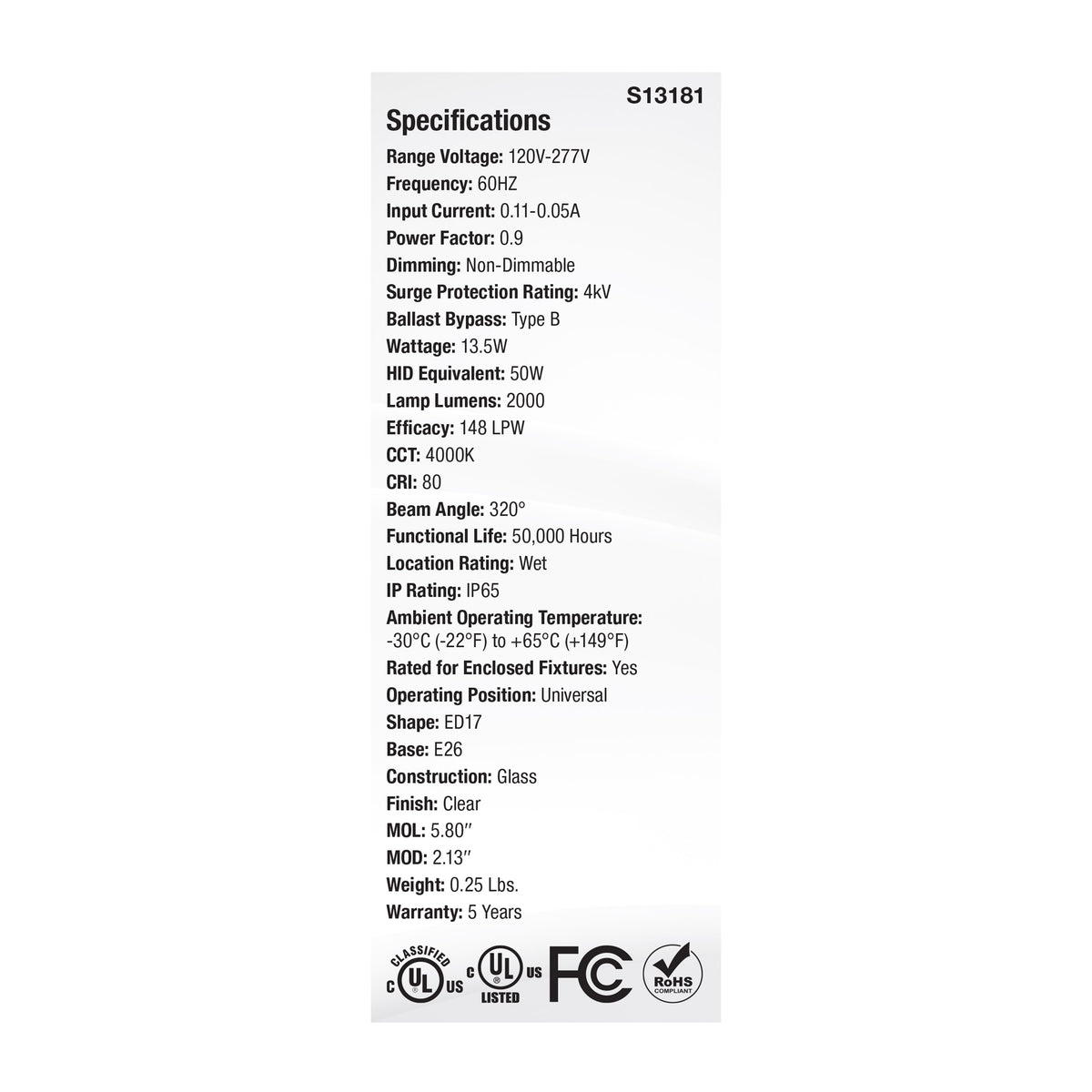 Satco S13181 13.5W ED17 Cool White LED Light Bulb Medium Base
