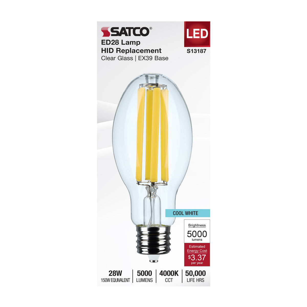 Satco S13187 28W ED28 Cool White LED Light Bulb Mogul Extended Base