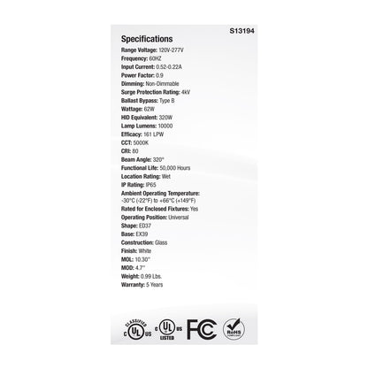 Satco S13194 62W ED37 Natural Light LED Light Bulb Mogul Extended Base