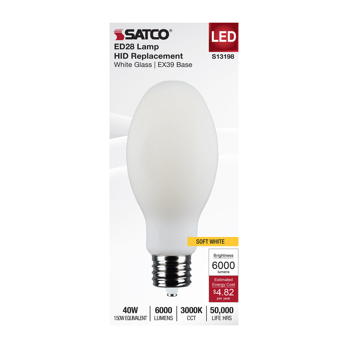 Satco S13198 40W ED28 Soft White LED Light Bulb Mogul Extended Base