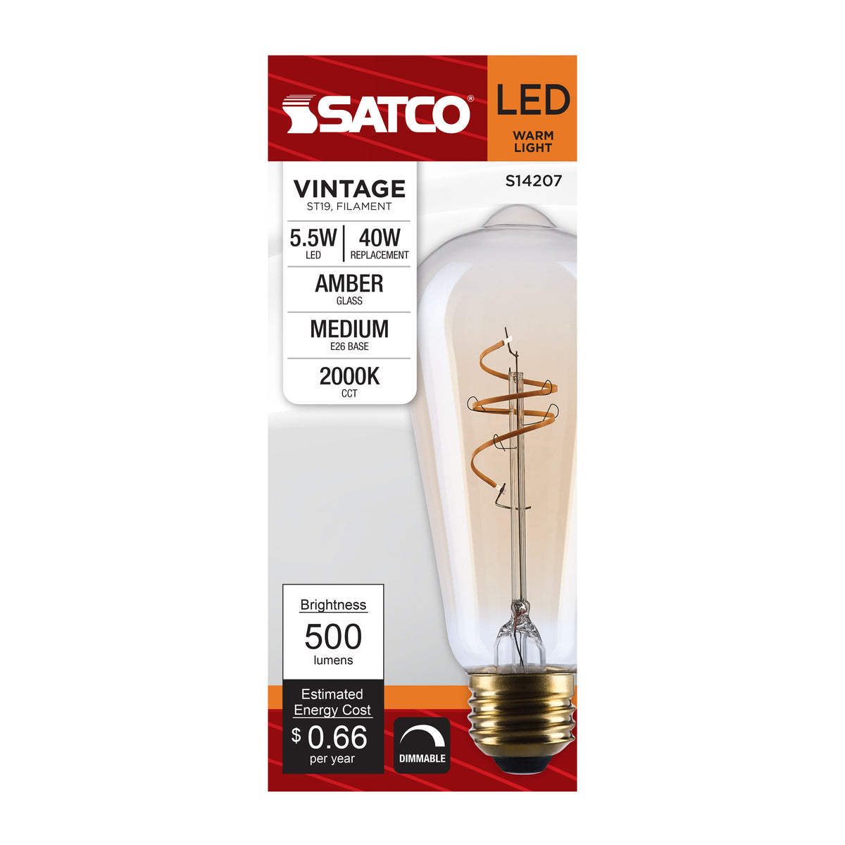 Satco S14207 5.5W ST19 Warm White LED Light Bulb Medium Base