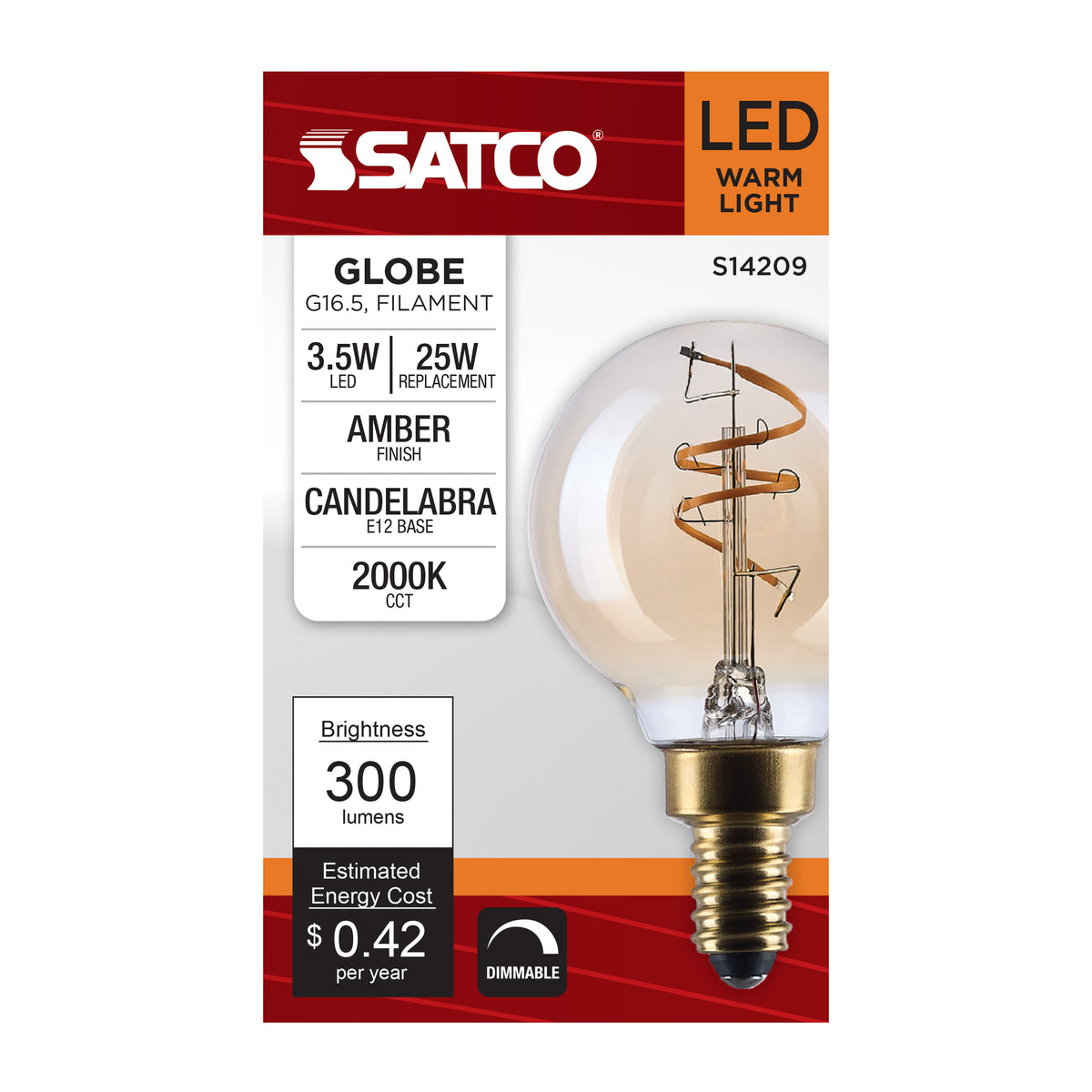 Satco S14209 3.5W G16.5 Warm White LED Light Bulb Candelabra Base