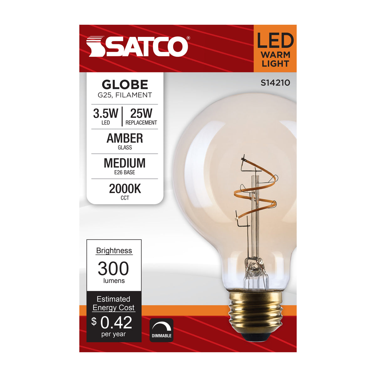 Satco S14210 3.5W G25 Warm White LED Light Bulb Medium Base