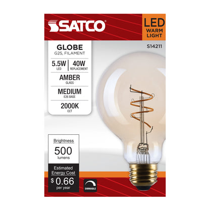 Satco S14211 5.5W G25 Warm White LED Light Bulb Medium Base
