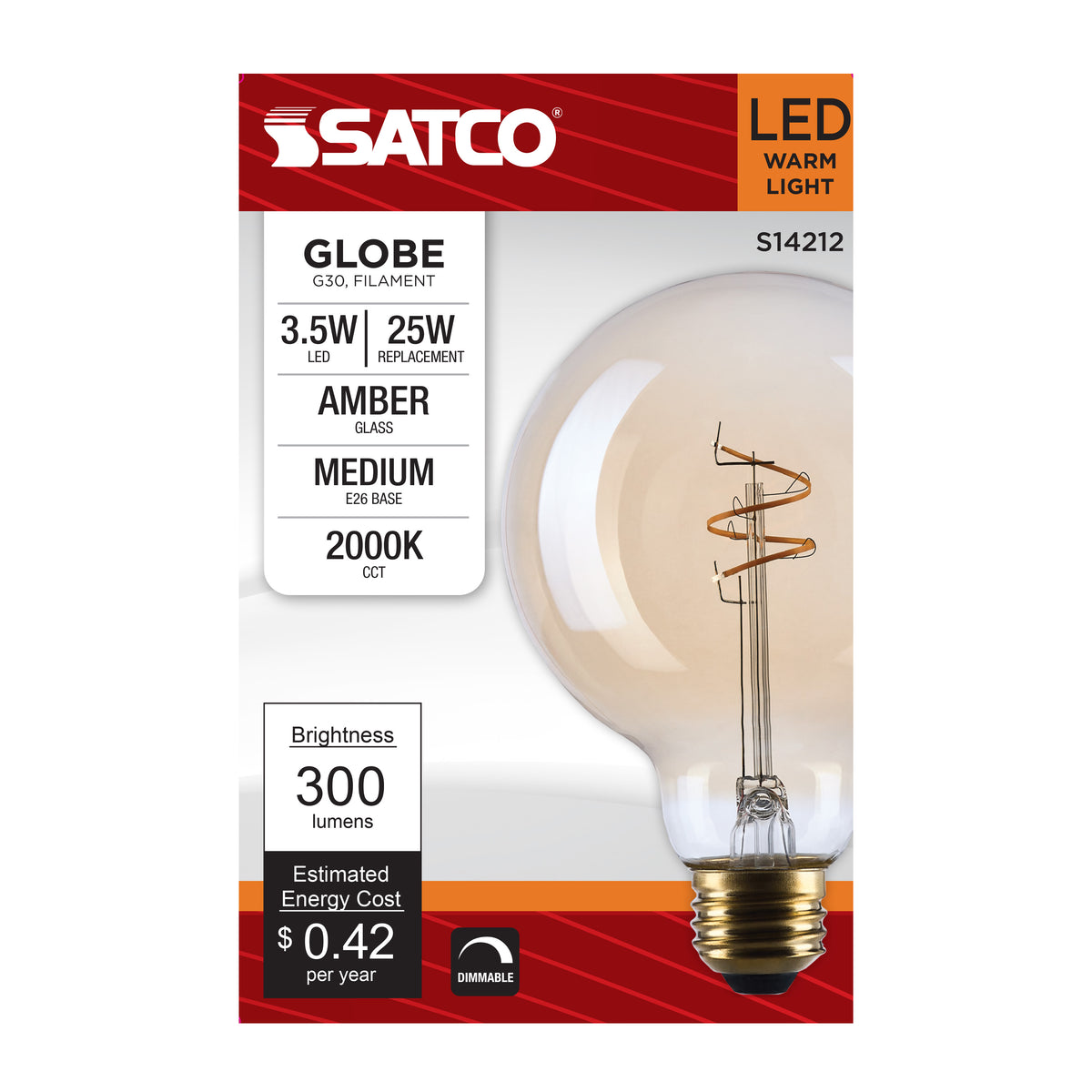 Satco S14212 3.5W G30 Warm White LED Light Bulb Medium Base