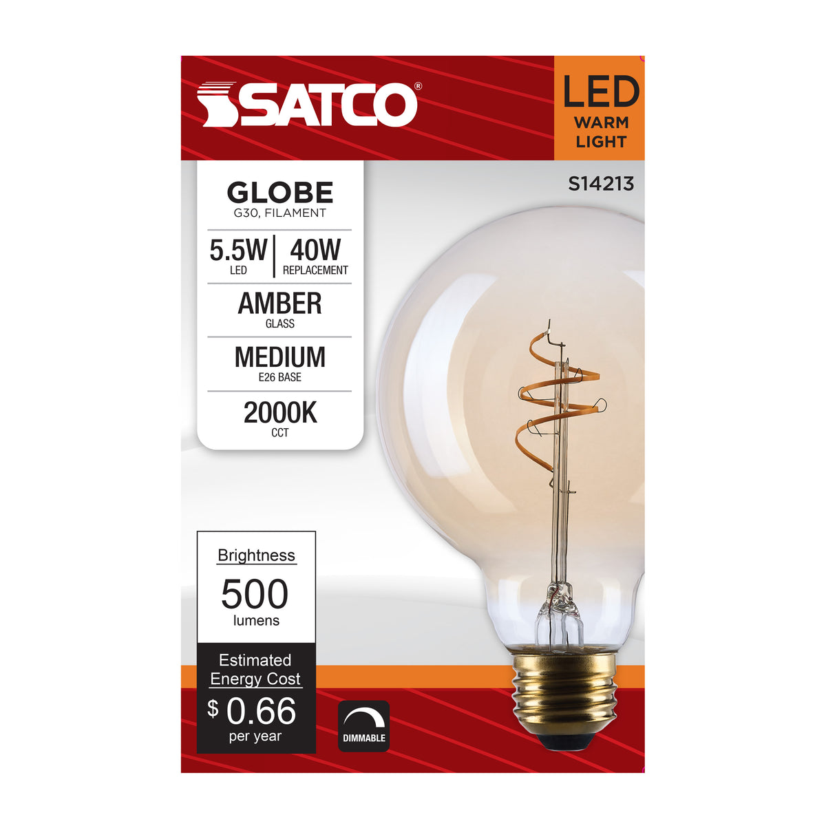 Satco S14213 5.5W G30 Warm White LED Light Bulb Medium Base