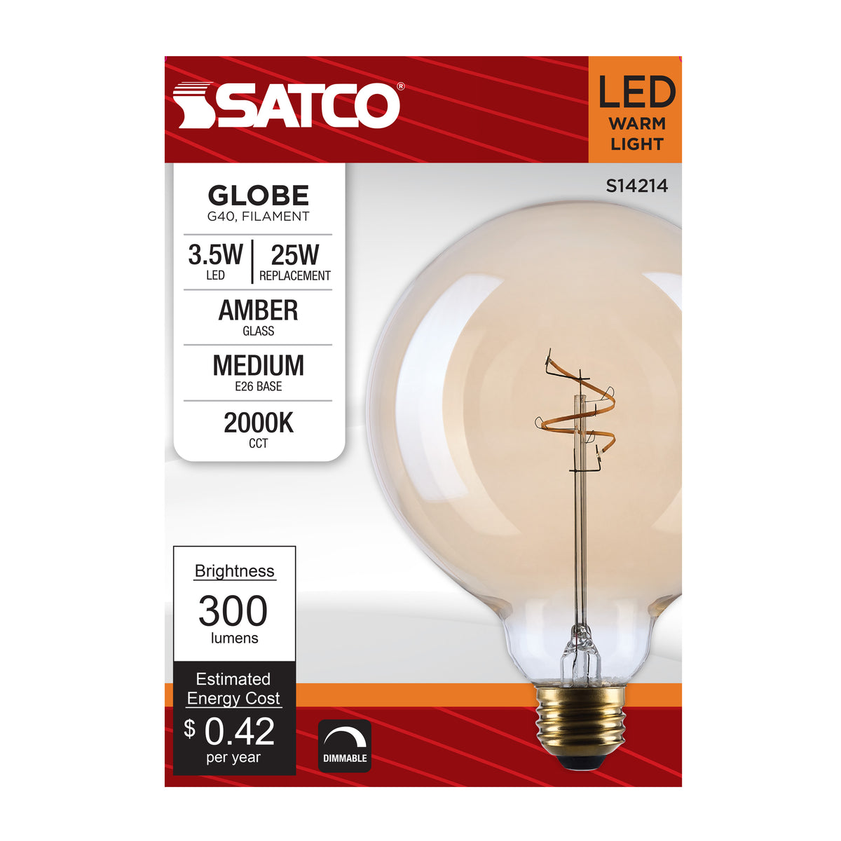 Satco S14214 3.5W G40 Warm White LED Light Bulb Medium Base
