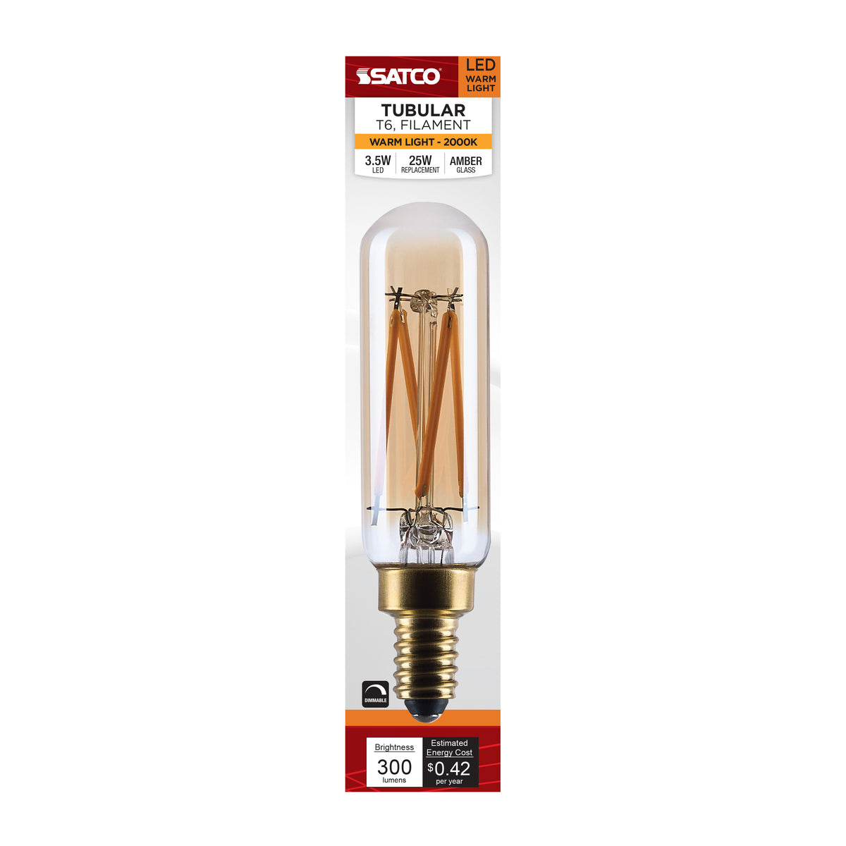 Satco S14216 3.5W T6 Warm White LED Light Bulb Candelabra Base