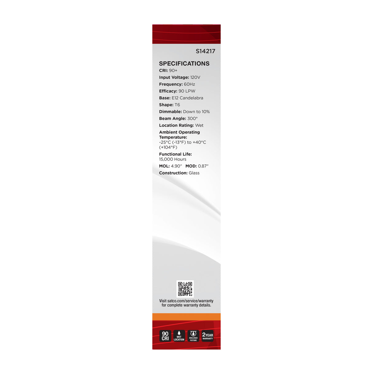 Satco S14217 5.5W T6 Warm White LED Light Bulb Candelabra Base