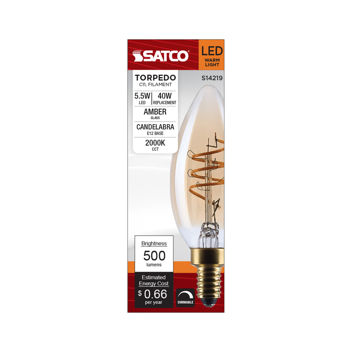 Satco S14219 5.5W C11 Warm White LED Light Bulb Candelabra Base