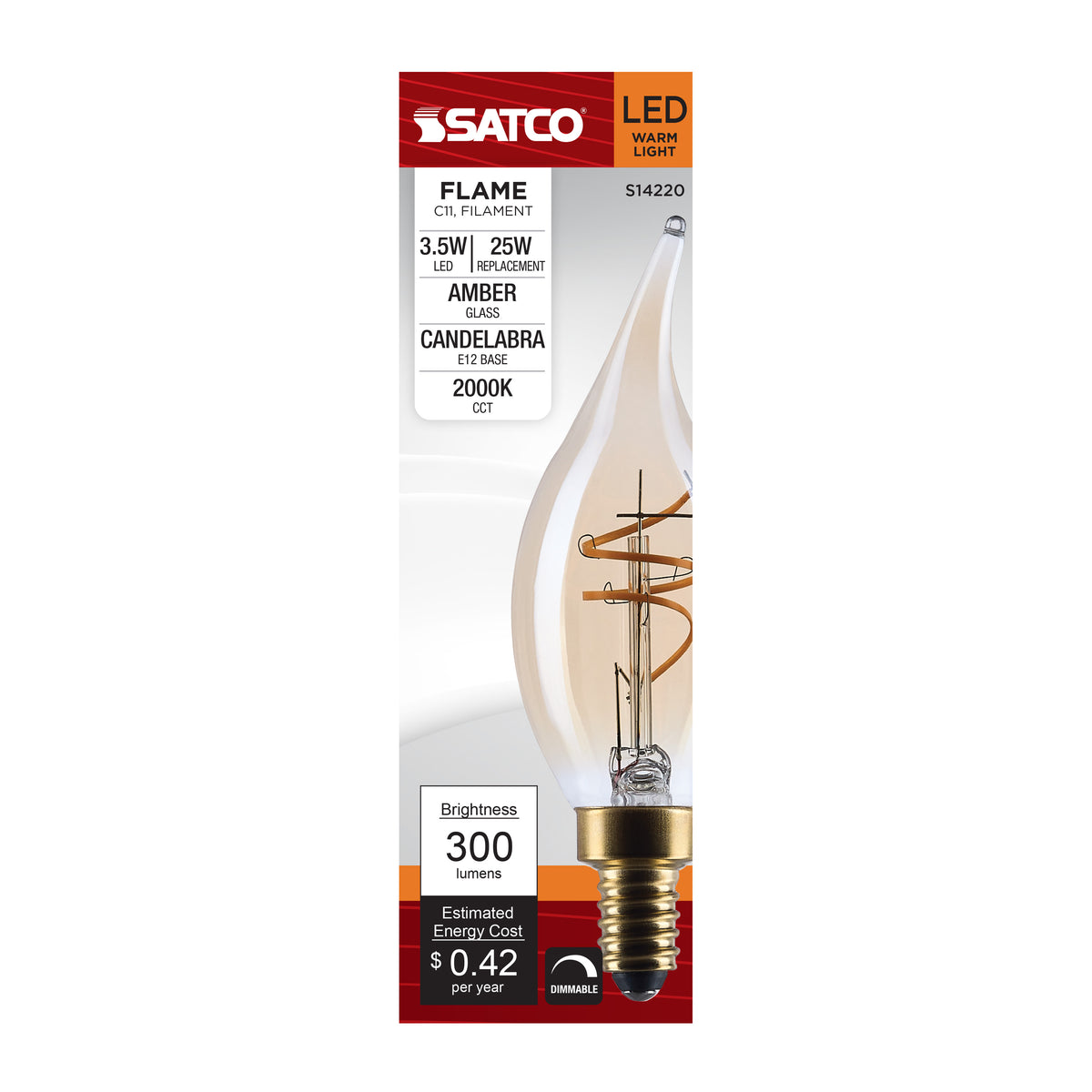 Satco S14220 3.5W CA11 Warm White LED Light Bulb Candelabra Base