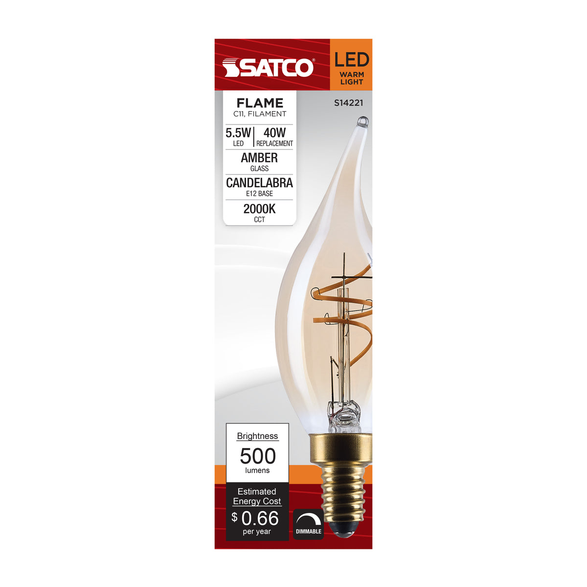 Satco S14221 5.5W CA11 Warm White LED Light Bulb Candelabra Base