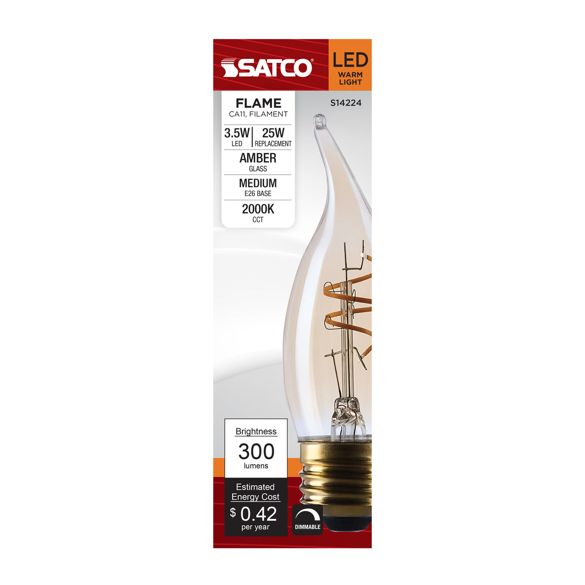 Satco S14224 3.5W CA11 Warm White LED Light Bulb Medium Base