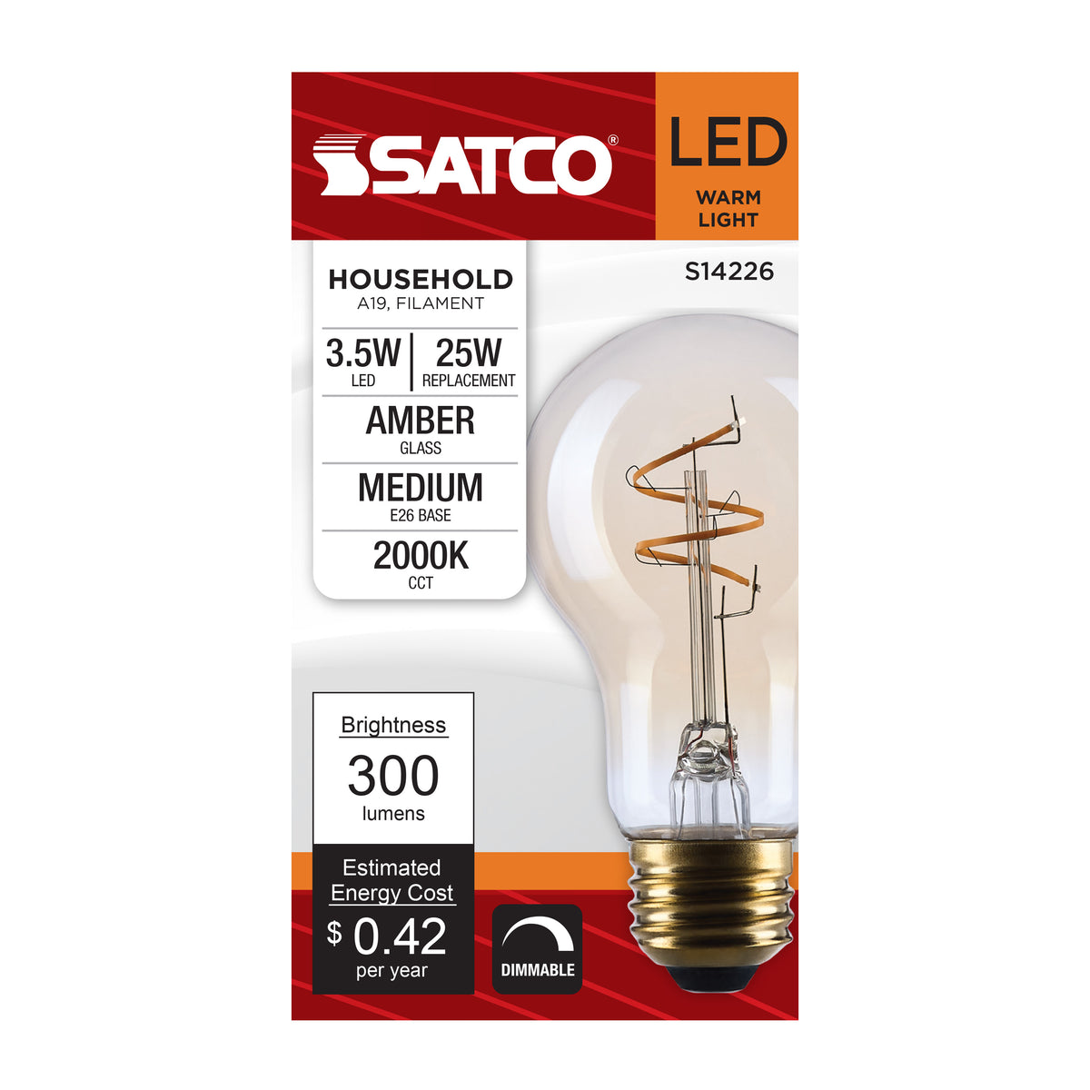 Satco S14226 3.5W A19 Warm White LED Light Bulb Medium Base