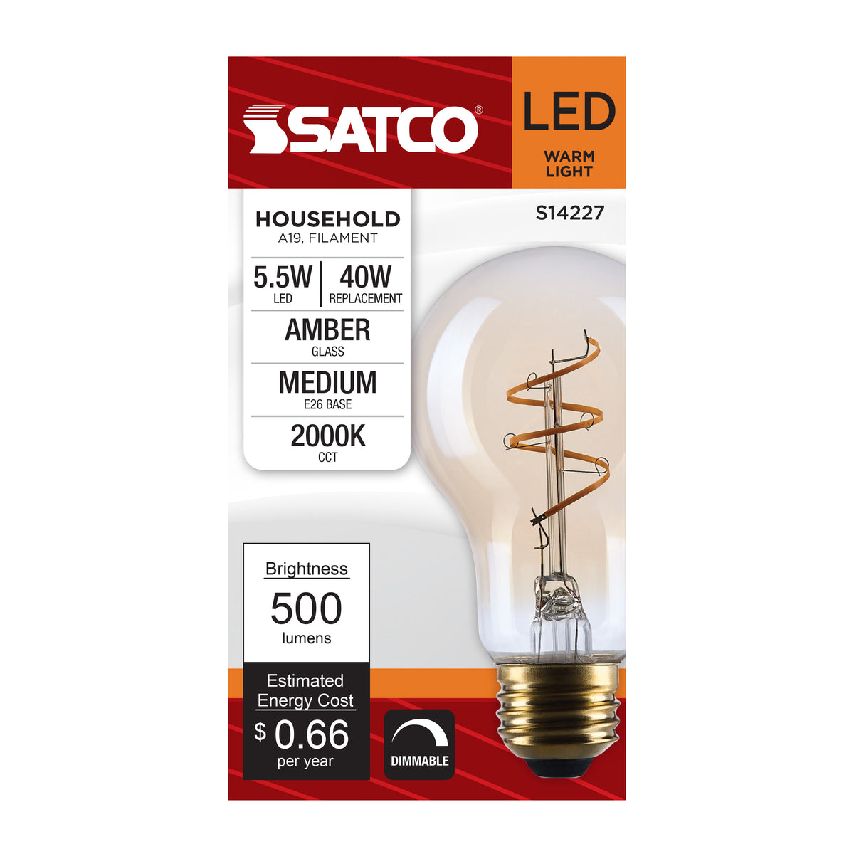 Satco S14227 5.5W A19 Warm White LED Light Bulb Medium Base
