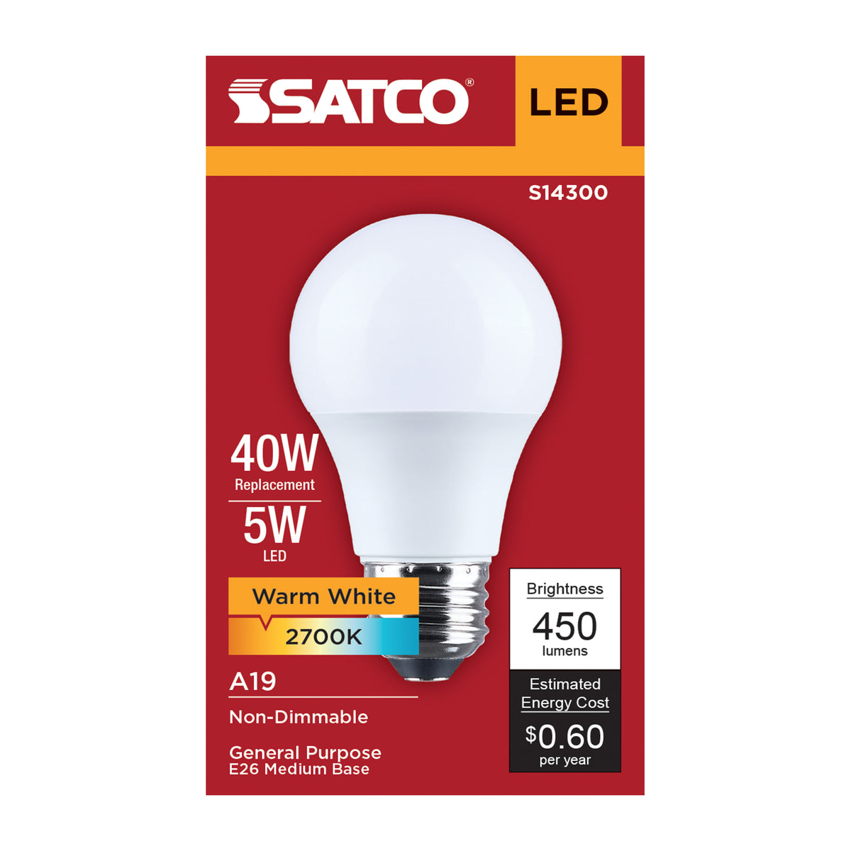 Satco S14300 5W A19 Warm White LED Light Bulb Medium Base