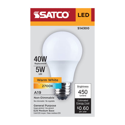 Satco S14300 5W A19 Warm White LED Light Bulb Medium Base