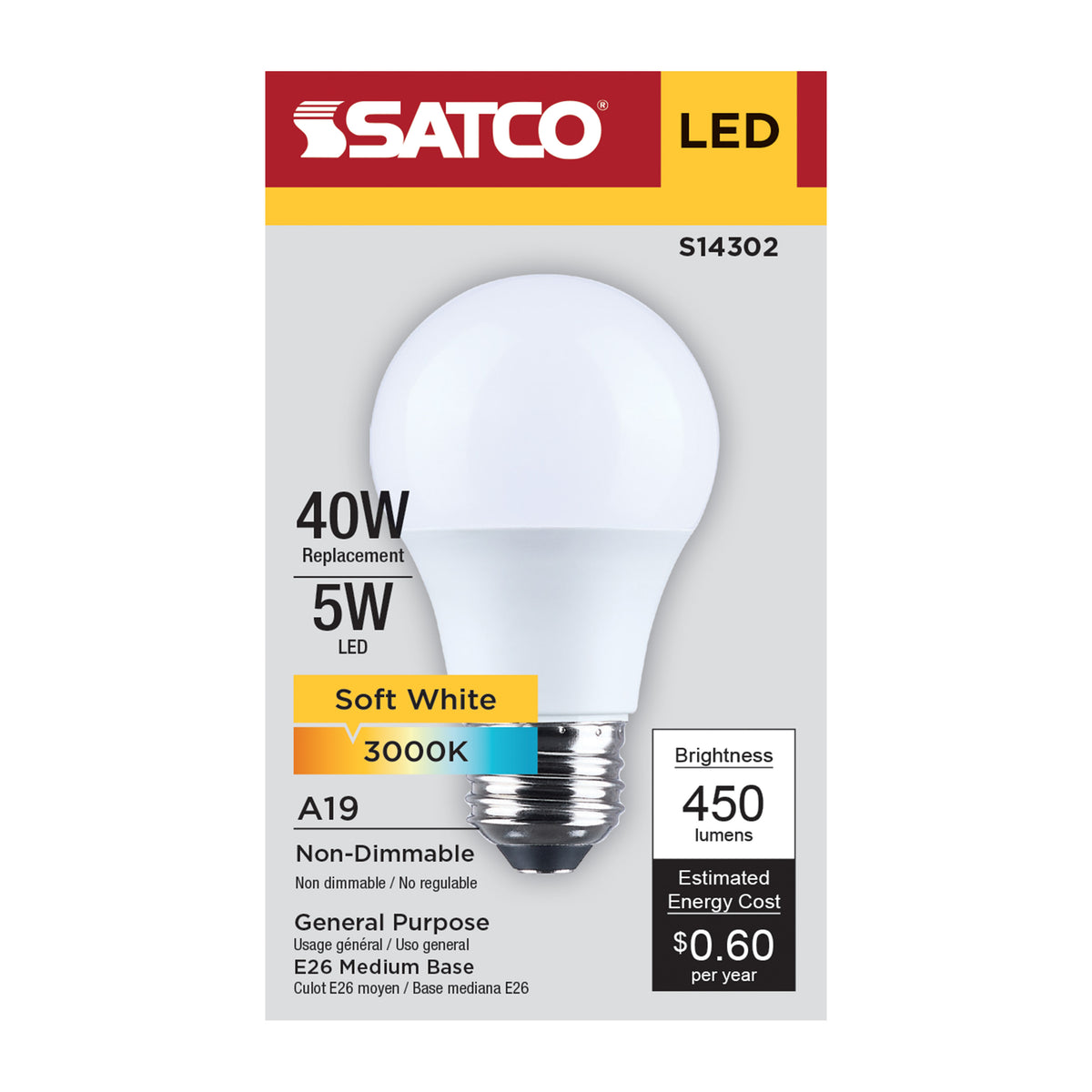 Satco S14302 5W A19 Soft White LED Light Bulb Medium Base