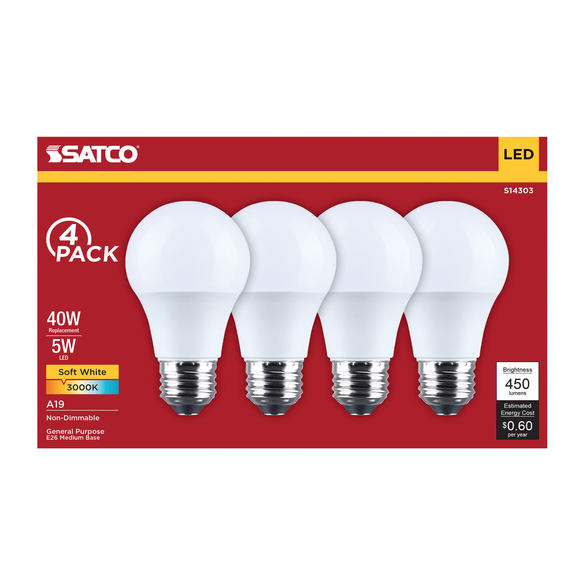 Satco S14303 5W A19 Soft White LED Light Bulb Medium Base