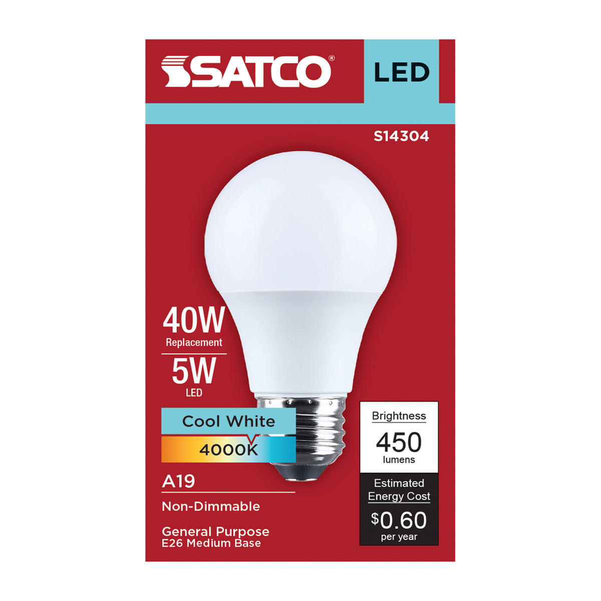 Satco S14304 5W A19 Cool White LED Light Bulb Medium Base