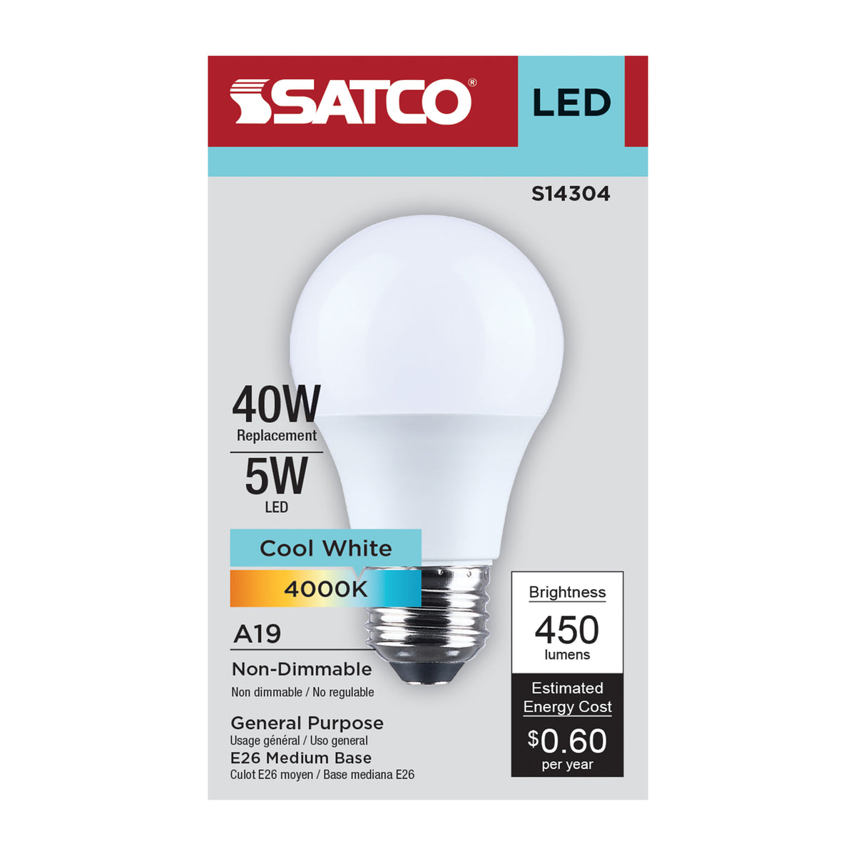 Satco S14304 5W A19 Cool White LED Light Bulb Medium Base