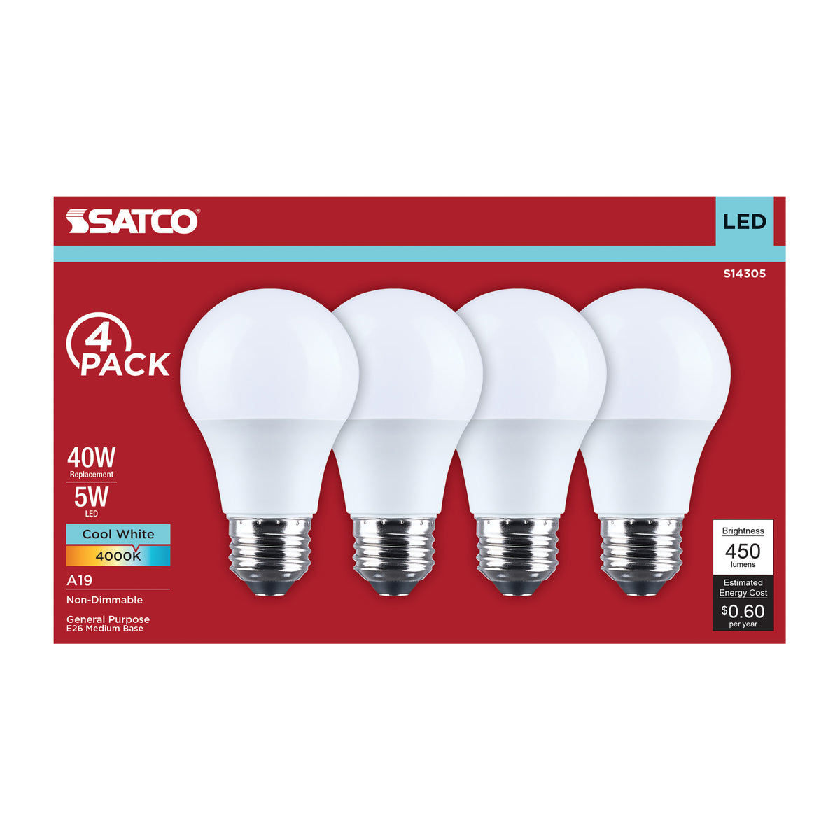 Satco S14305 5W A19 Cool White LED Light Bulb Medium Base