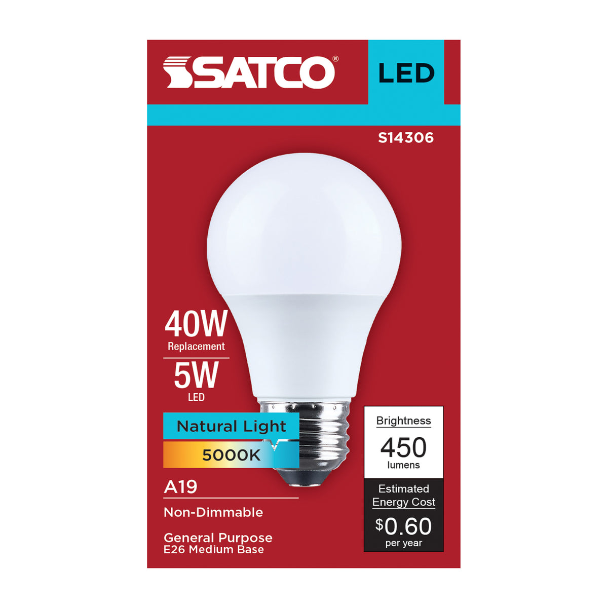 Satco S14306 5W A19 Natural Light LED Light Bulb Medium Base