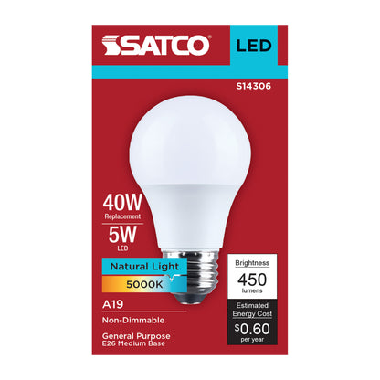 Satco S14306 5W A19 Natural Light LED Light Bulb Medium Base
