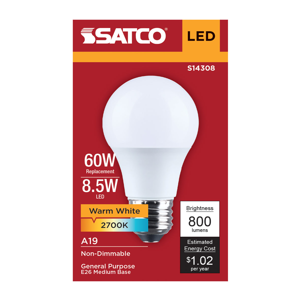 Satco S14308 8.5W A19 Warm White LED Light Bulb Medium Base