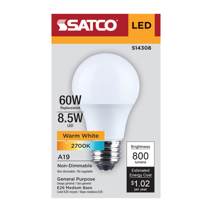 Satco S14308 8.5W A19 Warm White LED Light Bulb Medium Base
