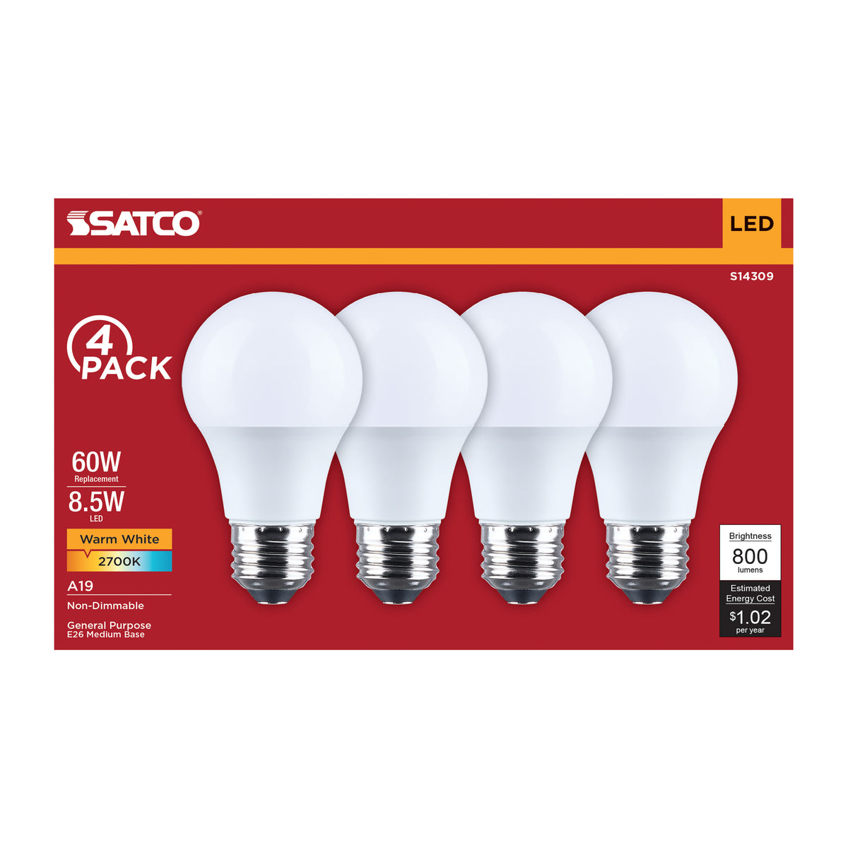 Satco S14309 8.5W A19 Warm White LED Light Bulb Medium Base