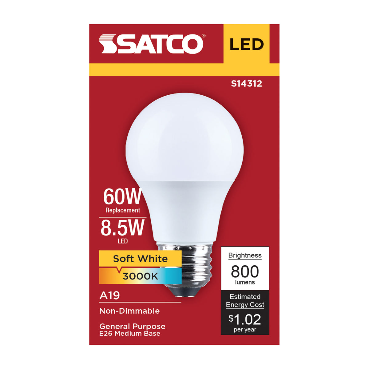 Satco S14312 8.5W A19 Soft White LED Light Bulb Medium Base